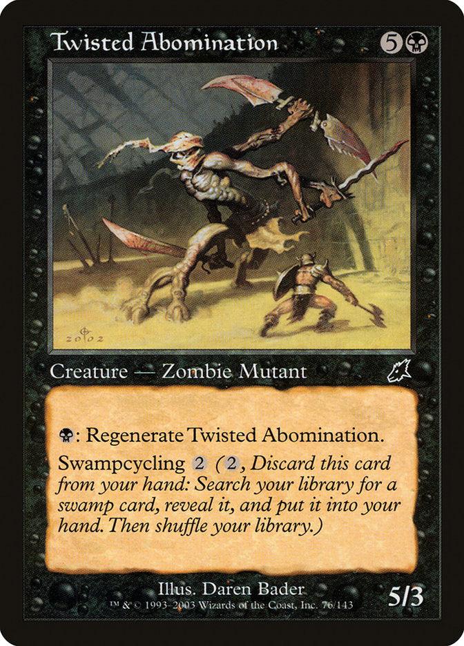 The Magic: The Gathering card "Twisted Abomination" from the Scourge set features a horrifying Zombie Mutant with six limbs. It requires a mana cost of 5B and has a power/toughness of 5/3. This creature has the abilities to Regenerate and Swampcycle for 2 mana. Illustrated by Daren Bader, it is numbered 76 out of 143 cards in the set.