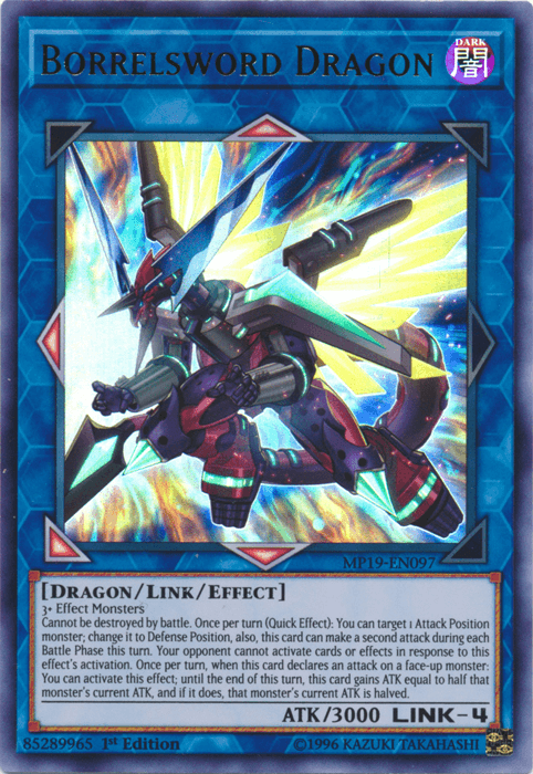 A Yu-Gi-Oh! trading card titled "Borrelsword Dragon [MP19-EN097] Ultra Rare" from the 2019 Gold Sarcophagus Tin Mega Pack. The Ultra Rare card features a mechanical dragon with a sleek, futuristic design and glowing green eyes against a blue background. As a Link/Effect Monster, it boasts 3000 attack points and LINK-4 status. Detailed effect text and small print at