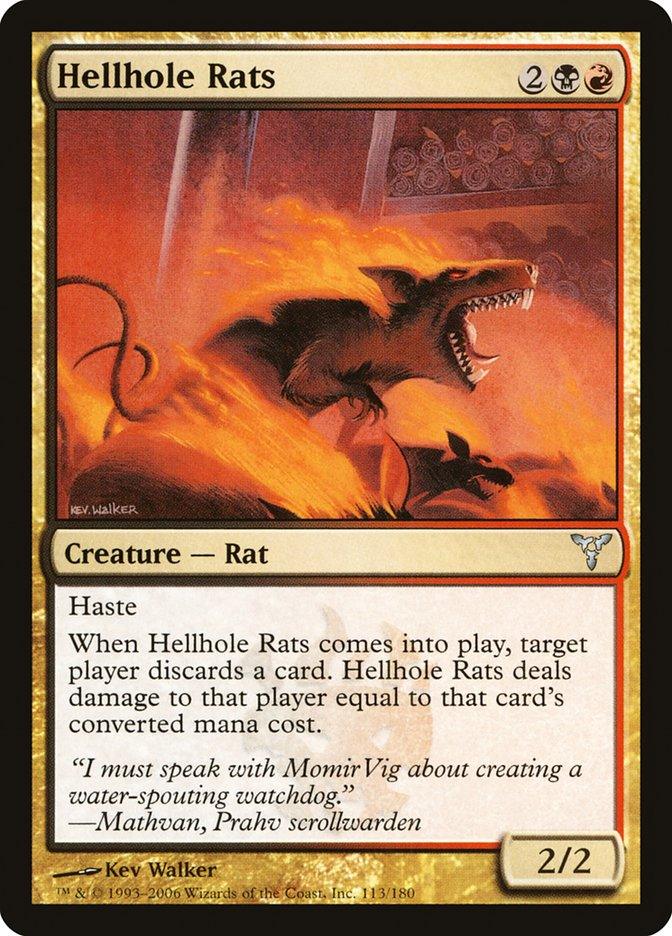 The image is a Magic: The Gathering card named Hellhole Rats [Dissension]. This black and red card costs 2 black and red mana, depicting a fierce, fire-breathing rat emerging from a glowing fissure. It has 2 power, 2 toughness, Haste, and deals damage to a target player based on the mana value of a discarded card.