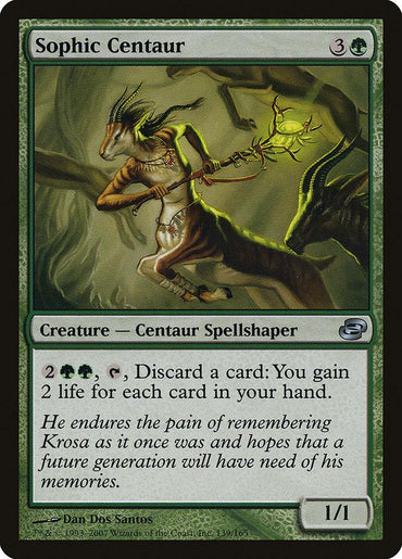 The Magic: The Gathering card "Sophic Centaur [Planar Chaos]" costs 3G to play and is a 1/1 uncommon creature of the type "Centaur Spellshaper." Its ability, which costs 2GG and discarding a card, allows the player to gain 2 life for each card in their hand. The card features artwork by Dan Dos Santos.