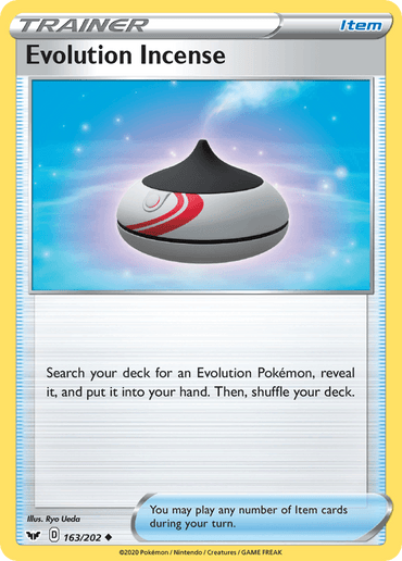 A Pokémon Evolution Incense (163/202) [Sword & Shield: Base Set] trading card. This Uncommon card features an incense burner with a black top and white bottom, adorned with red curved lines. The background is an iridescent, colorful gradient, with text detailing its function: searching the deck for an Evolution Pokémon.