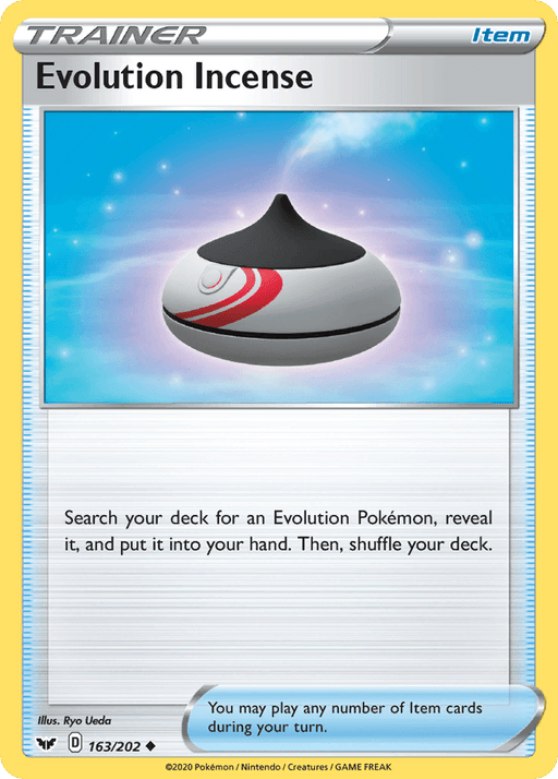 A Pokémon Evolution Incense (163/202) [Sword & Shield: Base Set] trading card. This Uncommon card features an incense burner with a black top and white bottom, adorned with red curved lines. The background is an iridescent, colorful gradient, with text detailing its function: searching the deck for an Evolution Pokémon.