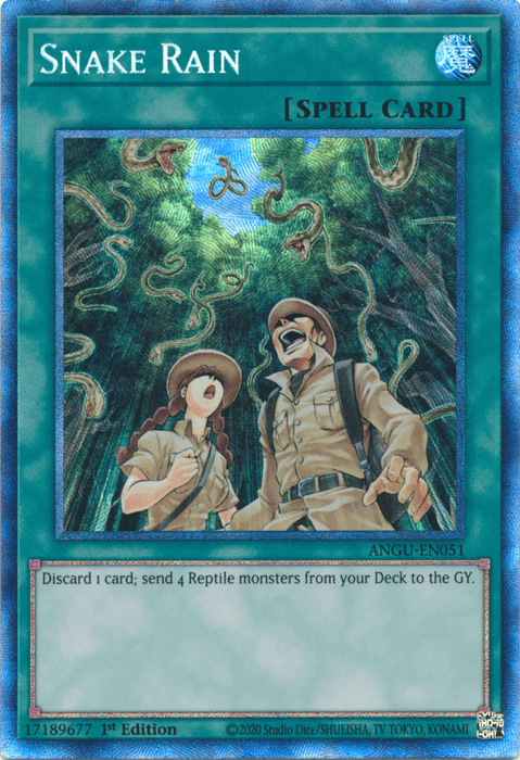 In this striking scene, two explorers in the jungle watch in awe as snakes cascade from the canopy. The man is outfitted with a safari hat and glasses, while the woman wears a bandana. This renowned Yu-Gi-Oh! Normal Spell Card, "Snake Rain" (Collector's Rare) [ANGU-EN051], releases Reptile-Type monsters and is available as a Collector's Rare.