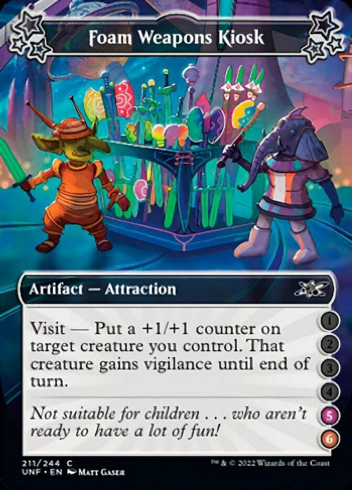 A colorful card titled "Foam Weapons Kiosk (5-6) [Unfinity]" from the Magic: The Gathering game. It depicts two costumed figures standing in front of a kiosk with various foam fantasy weapons. This artifact attraction has the ability to enhance a target creature, granting it a +1/+1 counter and vigilance.