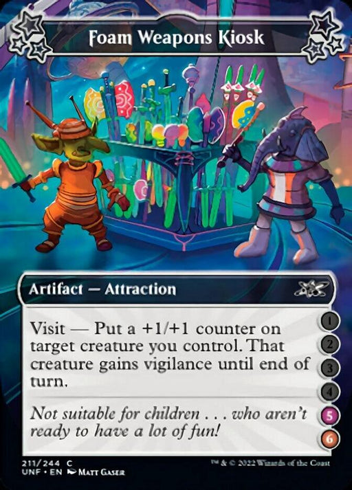 A colorful card titled "Foam Weapons Kiosk (5-6) [Unfinity]" from the Magic: The Gathering game. It depicts two costumed figures standing in front of a kiosk with various foam fantasy weapons. This artifact attraction has the ability to enhance a target creature, granting it a +1/+1 counter and vigilance.