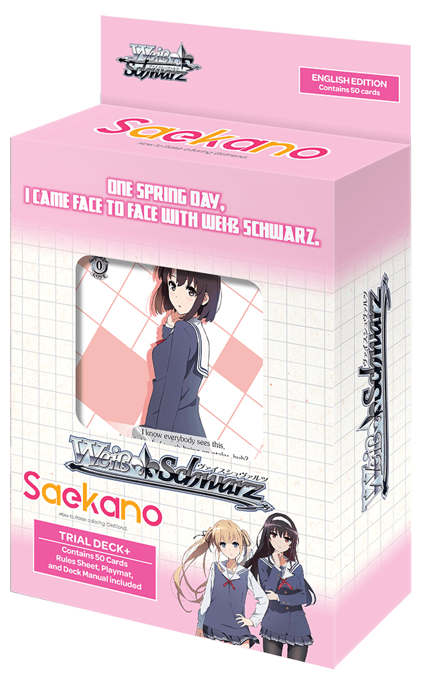 Image of a "Saekano: How to Raise a Boring Girlfriend - Trial Deck+" box by Bushiroad. The predominantly pink and white box features characters in school uniforms. Text on the box reads, "One Spring Day, I Came Face to Face with Weiß Schwarz." Includes 50 cards, a deck manual, a rule sheet, and a playmat. Look out for the chance of