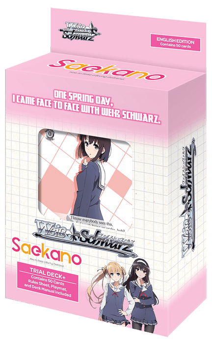 Image of a "Saekano: How to Raise a Boring Girlfriend - Trial Deck+" box by Bushiroad. The predominantly pink and white box features characters in school uniforms. Text on the box reads, "One Spring Day, I Came Face to Face with Weiß Schwarz." Includes 50 cards, a deck manual, a rule sheet, and a playmat. Look out for the chance of