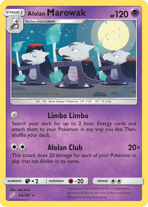The image is of a Pokémon trading card from the Sun & Moon series featuring Alolan Marowak (64/181) [Sun & Moon: Team Up] by Pokémon. It has 120 HP and is a Psychic type. The card's moves include "Limbo Limbo" to attach basic Energy cards and "Alolan Club," causing 20x damage for each Alolan Pokémon in play. The illustration shows Alolan Marowak wielding bones.