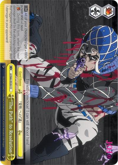 A trading card features an anime character wearing a blue and white outfit with a distinctive net-patterned hood, crouching and pointing a purple gun. Resembling the intense moments in JoJo's Bizarre Adventure, the card displays various stats, abilities, and text including 