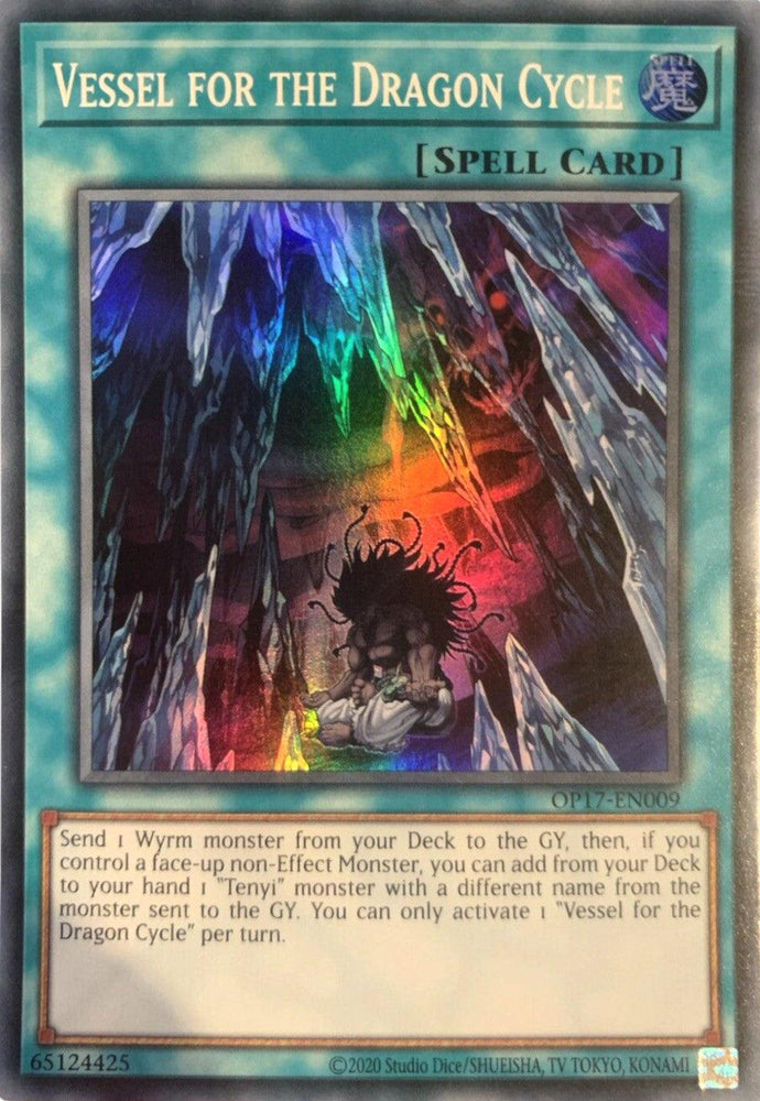 The image showcases a Yu-Gi-Oh! spell card titled "Vessel for the Dragon Cycle [OP17-EN009] Super Rare," part of OTS Tournament Pack 17. The artwork depicts a dragon-headed figure encircled by jagged, glowing crystals, and the card text details its effects on Wyrm monsters and Tenyi monsters in the Graveyard (GY).