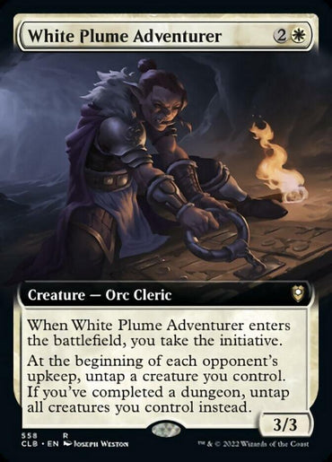 A Magic: The Gathering card titled "White Plume Adventurer (Extended Art) [Commander Legends: Battle for Baldur's Gate]" from Magic: The Gathering. It depicts an Orc Cleric with a white plume on its helmet, holding a torch in a dark cave. Costing 2W to play, it has 3 power and 3 toughness, with abilities related to untapping creatures and taking initiative.