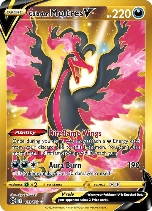 The image is of a Pokémon card featuring Galarian Moltres V (183/172) [Sword & Shield: Brilliant Stars] from Pokémon. This Secret Rare card displays a dark-colored, legendary bird engulfed in flaming purple and pink wings. It has 220 HP and two abilities: "Direflame Wings" and "Aura Burn," with vibrant colors and detailed animated artwork.