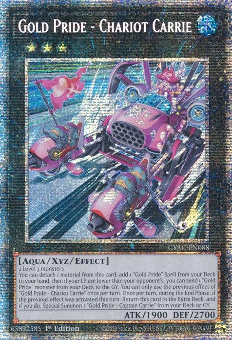 A Yu-Gi-Oh! trading card titled "Gold Pride - Chariot Carrie [CYAC-EN088] Starlight Rare" with holographic detailing, from the Cyberstorm Access set. The artwork showcases a mechanical chariot pulled by robotic fish-like creatures. The driver, dressed in pink and blue, controls the chariot with a steering mechanism. It has 1900 ATK and 2700 DEF.
