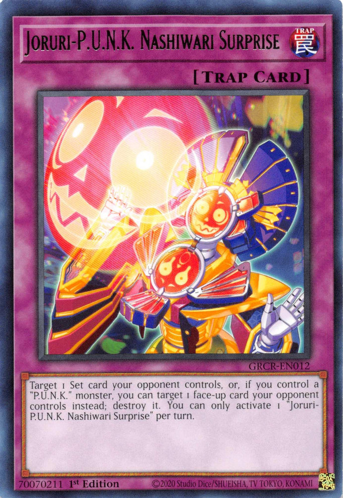 The Yu-Gi-Oh! card "Joruri-P.U.N.K. Nashiwari Surprise [GRCR-EN012] Rare" features vibrant artwork of a futuristic character with a glowing orb, dynamic patterns, and detailed effects of its P.U.N.K. monster origin as part of "The Grand Creators" series.