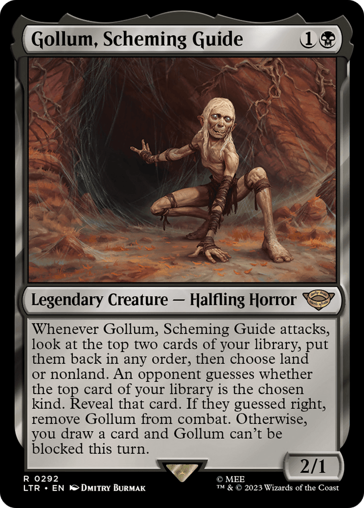 Magic: The Gathering card featuring Gollum, Scheming Guide [The Lord of the Rings: Tales of Middle-Earth]. The illustration shows Gollum, a thin, pale creature with large eyes, crouching in a dark cave. This legendary creature of the Halfling Horror type has an ability involving guessing and revealing cards. It has black and colorless mana costs, power 2