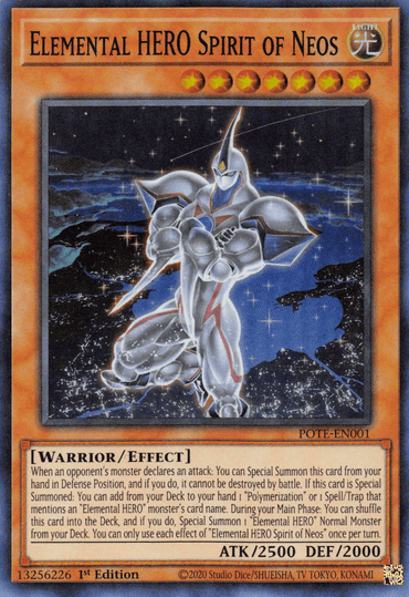 A trading card featuring "Elemental HERO Spirit of Neos [POTE-EN001] Super Rare," an Effect Monster. The card, from the Yu-Gi-Oh! brand, has a holographic image of a futuristic warrior with metallic armor, standing against a cosmic background with stars. The card text describes its Power of the Elements, warrior/effect attributes, ATK of 2500, DEF of 2000, and play instructions.