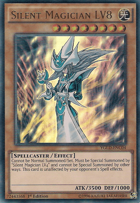 A Yu-Gi-Oh! trading card from Yugi's Legendary Decks depicting "Silent Magician LV8 [YGLD-ENC04] Ultra Rare." This Ultra Rare Effect Monster showcases a spellcaster in elaborate, light-blue robes and a large, pointed hat, holding a glowing staff. The card boasts an attack value of 3500 and defense value of 1000, with effect text detailing specific summoning conditions and immunity to