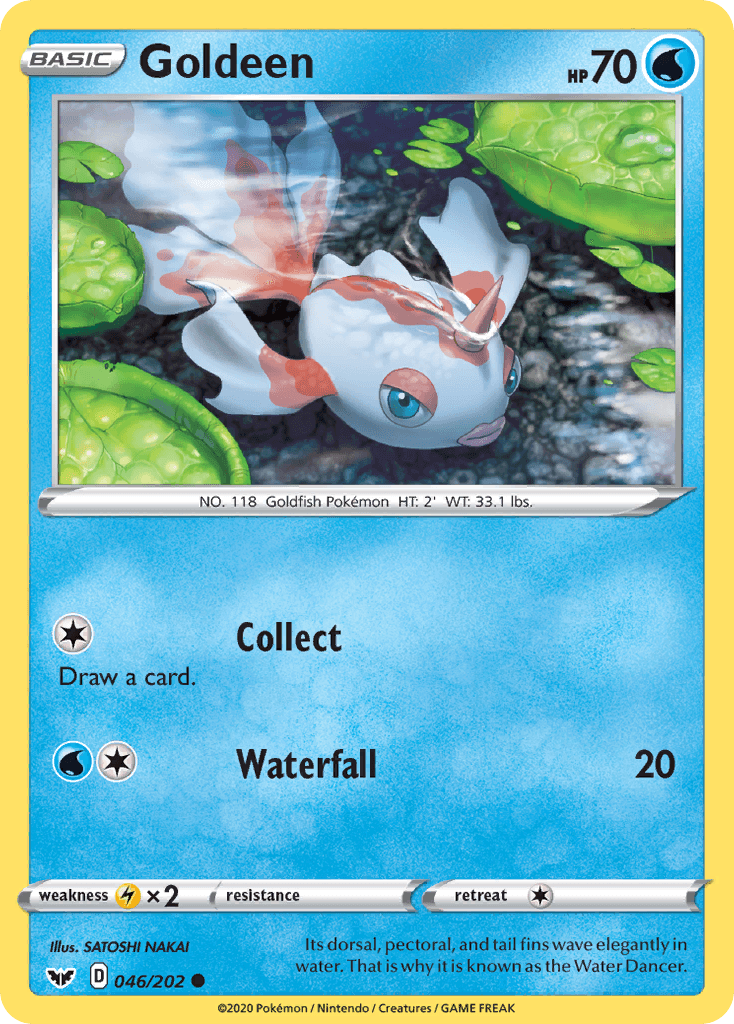 A Pokémon Goldeen (046/202) [Sword & Shield: Base Set] from the Sword & Shield series featuring Goldeen. The card has blue borders and depicts Goldeen, a white-and-orange Water-type fish-like Pokémon, gracefully swimming underwater among plants. It has 70 HP and is of common rarity. Goldeen's moves are 