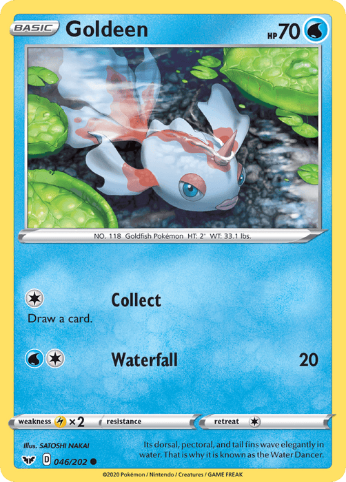 A Pokémon Goldeen (046/202) [Sword & Shield: Base Set] from the Sword & Shield series featuring Goldeen. The card has blue borders and depicts Goldeen, a white-and-orange Water-type fish-like Pokémon, gracefully swimming underwater among plants. It has 70 HP and is of common rarity. Goldeen's moves are "Collect" and "Waterfall." Text at the bottom credits illustrator Satoshi Nakai.