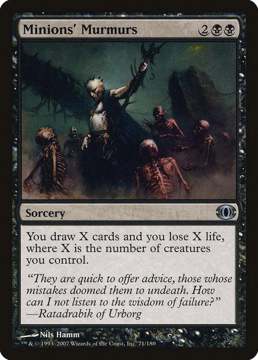 A Magic: The Gathering card titled "Minions' Murmurs [Future Sight]." It has a black border and depicts an uncommon sorcery spell costing 2 generic and 2 black mana. The illustration shows a necromancer surrounded by skeletal minions. The text box explains the card’s effect, and flavor text quotes "Ratadarabik of Urborg." The artist is Nils Hamm.
