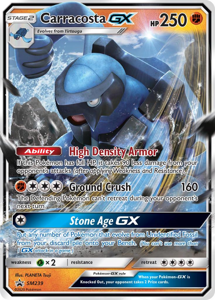 A Pokémon trading card depicts Carracosta GX (SM239) [Sun & Moon: Black Star Promos] with 250 HP. Part of the Sun & Moon series and classified under Black Star Promos, it features 