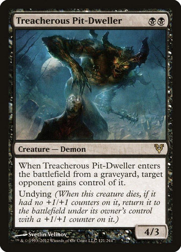 The Magic: The Gathering card "Treacherous Pit-Dweller [Avacyn Restored]" features a powerful demon with horns and claws, rising from a pit and attacking a man beneath. This creature possesses the "Undying" ability and has a power of 4 and toughness of 3.