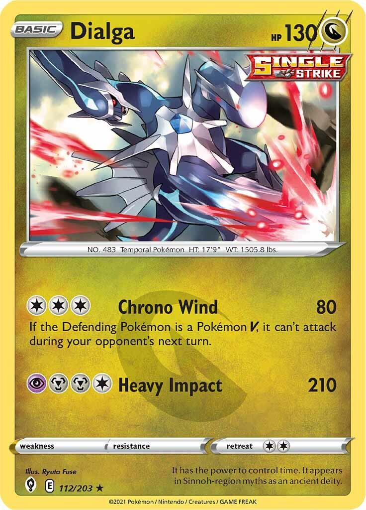 The image shows a Holo Rare Pokémon trading card of Dialga from the Sword & Shield: Evolving Skies series. Featuring 130 HP, it depicts Dialga in a dynamic pose surrounded by red and white energy. This Dragon-type card includes attacks 