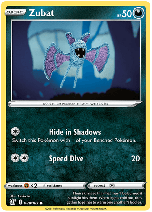 A Pokémon Zubat (089/163) [Sword & Shield: Battle Styles] trading card. Zubat is illustrated as a blue bat with purple wings and no eyes, flying in a dark forest shrouded in darkness. The card, part of the Sword & Shield: Battle Styles series, is numbered 089/163 and features HP 50, abilities "Hide in Shadows" and "Speed Dive," along with other game specifications.