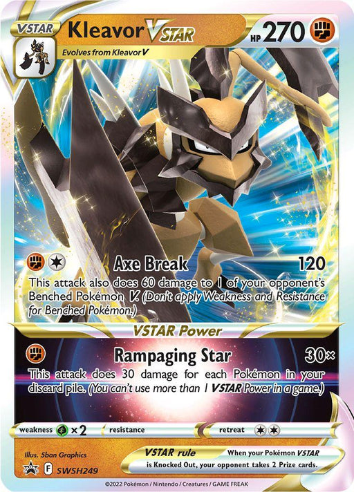 A Pokémon Kleavor VSTAR (SWSH249) [Sword & Shield: Black Star Promos]. It has 270 HP and evolves from Kleavor V. The card depicts a dynamic and fierce Kleavor with axe-like appendages. It includes two attacks: "Axe Break" with 120 damage and "Rampaging Star." Ideal for any serious Pokémon fighting deck!
