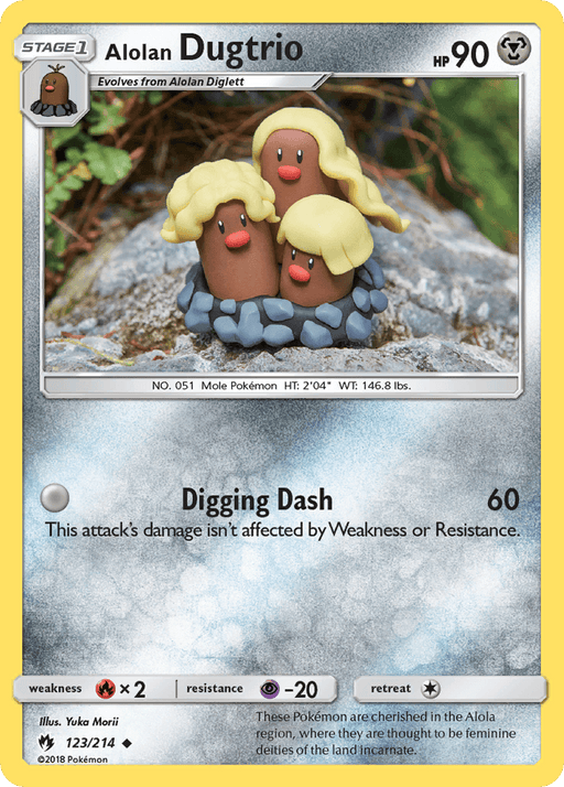 A Pokémon card from Sun & Moon: Lost Thunder features Alolan Dugtrio (123/214) [Sun & Moon: Lost Thunder] by Pokémon, identified as an uncommon Stage 1 Metal Mole Pokémon with 90 HP. The illustration depicts three Dugtrio heads with blonde hair surrounded by rocks. The card details include its attack "Digging Dash" with a power of 60 and resistances, illustrated by Yuka Morii.