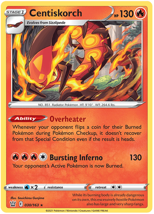 A Centiskorch (030/163) [Sword & Shield: Battle Styles] Pokémon card with 130 HP from the Sword & Shield Battle Styles series. It is a Stage 1 Fire-type that evolves from Sizzlipede. The card features abilities "Overheater" and "Bursting Inferno." The illustration shows Centiskorch with a burning body, surrounded by flames, and its texture resembles fire.
