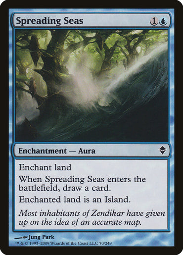 The image depicts a Magic: The Gathering card named "Spreading Seas [Zendikar]." It features a blue border and illustrates a lush, forested landscape overtaken by water. This Enchantment - Aura card requires 1 blue and 1 generic mana to cast, transforms the enchanted land into an Island, and allows you to draw a card when it enters the battlefield.