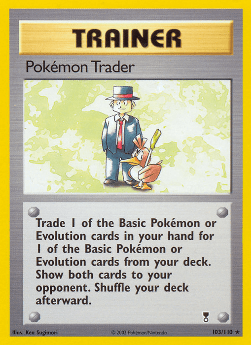 A rare Pokémon trading card named "Pokemon Trader (103/110) [Legendary Collection]" from the Pokémon series, featuring a yellow border. This Trainer card shows a man in a suit holding a Poké Ball with an Eevee beside him. Text reads: "Trade 1 of the Basic Pokémon or Evolution cards in your hand for 1 from your deck. Show both cards to your opponent. Shuffle your deck afterward." Illustrated