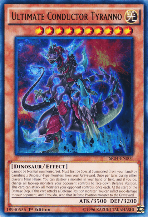 A Yu-Gi-Oh! trading card titled "Ultimate Conductor Tyranno [SR04-EN001] Ultra Rare" from Structure Deck: Dinosmasher's Fury. This Ultra Rare Effect Monster displays a menacing, armored dinosaur with glowing blue eyes and sharp claws. The card boasts 3500 Attack and 3200 Defense points, along with detailed text on its special summoning conditions and abilities. Set number: SR04