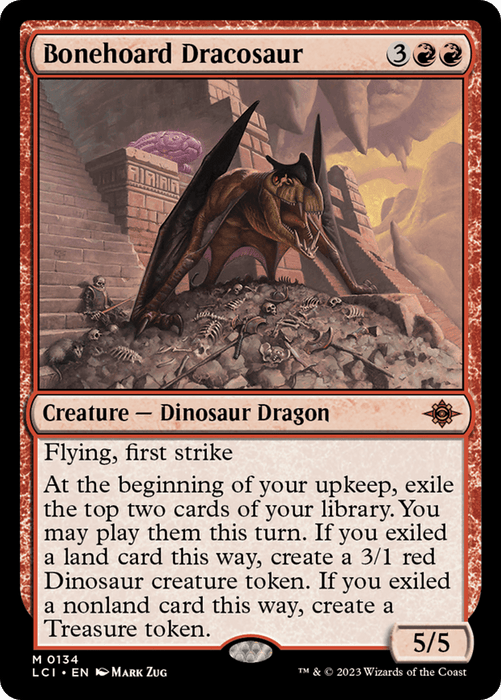 A Magic: The Gathering card named "Bonehoard Dracosaur [The Lost Caverns of Ixalan]." This mythic red creature card costs 3 red mana and 2 colorless mana to play. As a Dinosaur Dragon with 5/5 stats, it has flying and first strike. The art depicts a dragon dinosaur emerging from bones, with abilities related to exiling cards and creating tokens.