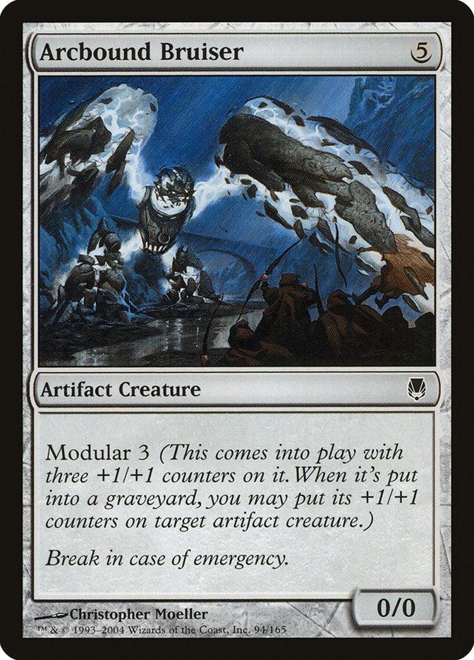 The image showcases the "Arcbound Bruiser" card from the Magic: The Gathering brand, highlighting a blue, metallic creature with multiple limbs against a stormy background. This Artifact Creature from the Darksteel series possesses Modular 3 and has stats of 0/0. The artwork is created by Christopher Moeller.