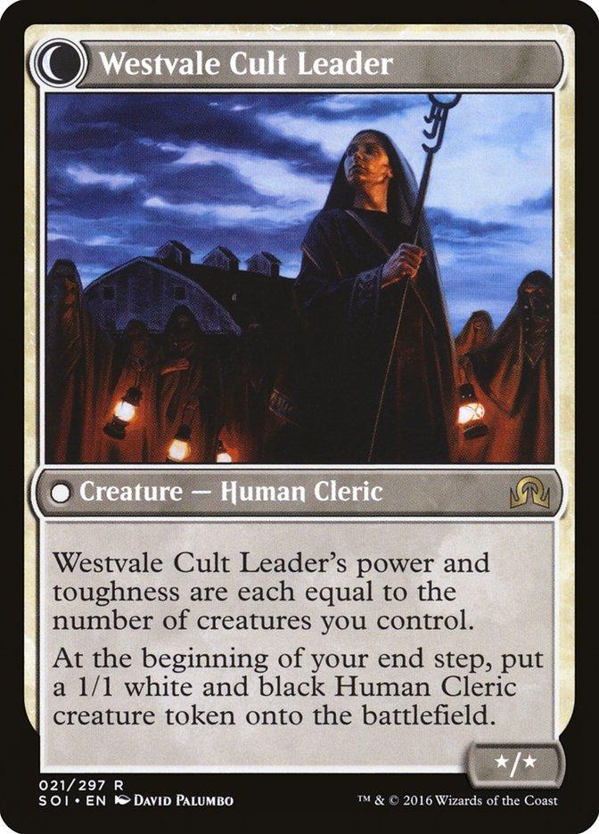 Image of a Magic: The Gathering card titled "Hanweir Militia Captain // Westvale Cult Leader" from the "Shadows over Innistrad" set. Illustrated by David Palumbo, this rare card features a robed figure holding a staff with a dark village in the background and has abilities related to creature control and token creation.