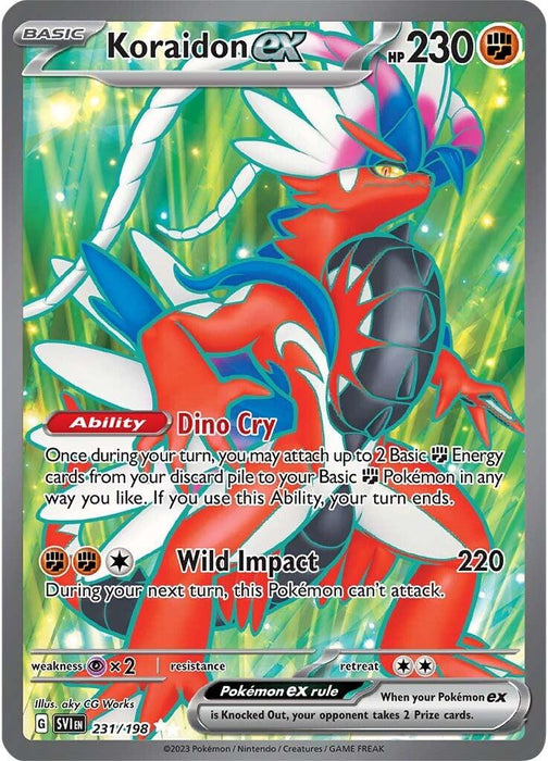 A trading card from the Scarlet & Violet Base Set showcases Koraidon ex (231/198) [Scarlet & Violet: Base Set] by Pokémon, a red and blue dinosaur-like Pokémon with feathers, spikes, and a circular scale pattern on its chest. Boasting 230 HP and abilities "Dino Cry" and "Wild Impact," the background features a vibrant, multicolored explosion of light and energy.