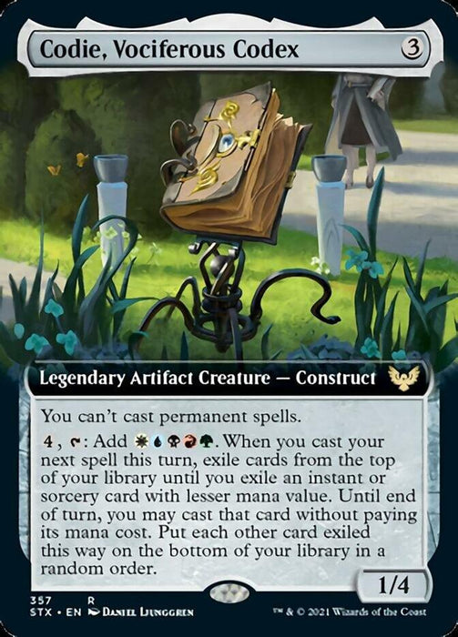 A Magic: The Gathering card titled "Codie, Vociferous Codex (Extended Art) [Strixhaven: School of Mages]." This Rare Legendary Artifact Creature from Strixhaven features an animated book with mechanical limbs and a glowing, mystical appearance standing on a grassy forest floor. With a mana cost of 3 and a power/toughness of 1/4, its abilities include adding rainbow mana and casting spells.