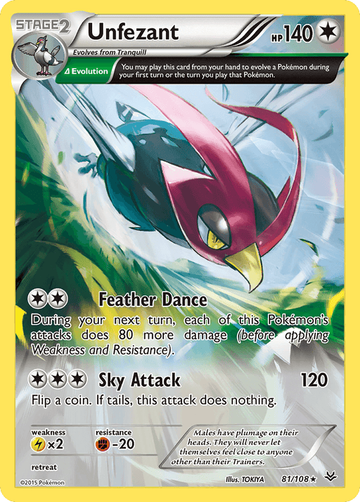 A Pokémon trading card featuring Unfezant (81/108) [XY: Roaring Skies] from Pokémon. This Rare, Stage 2 Colorless Pokémon boasts 140 HP. The card showcases a vibrant bird-like creature with green and red feathers, performing Feather Dance and Sky Attack. It is numbered 81/108 and illustrated by TOKIYA.