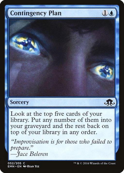 Close-up artwork for the Magic: The Gathering card "Contingency Plan [Eldritch Moon]," featuring a pensive face with mystical eyes reflecting cosmic scenes. This blue sorcery, tied to the Eldritch Moon set, costs 1 colorless and 1 blue mana, and the text describes looking at and rearranging the top five cards of your library.