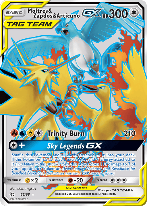 A Pokémon Moltres & Zapdos & Articuno GX (66/68) [Sun & Moon: Hidden Fates] card from Pokémon featuring Moltres, Zapdos, and Articuno. The card has 300 HP and showcases attacks: Trinity Burn (210 damage) and Sky Legends GX. This Ultra Rare design includes striking images of the three legendary birds with vibrant colors and intricate detailing.