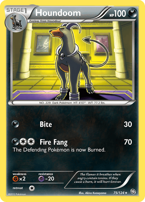 An image of the rare Pokémon trading card, Houndoom (75/124) from the Black & White: Dragons Exalted series by Pokémon, features a yellow-bordered card depicting Houndoom, a dark and fire type Pokémon, in a large hall with glowing yellow walls. The card showcases Houndoom’s moves: Bite (30 damage) and Fire Fang (70 damage), which leaves the defending Pokémon burned.