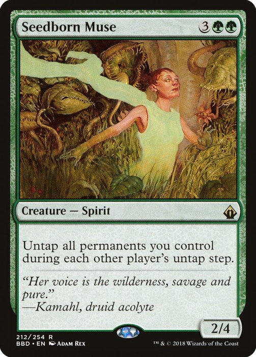 Magic: The Gathering card "Seedborn Muse [Battlebond]," a green-bordered creature card, features a female spirit surrounded by foliage and mystical creatures. It costs 3 generic and 2 green mana, with power/toughness of 2/4, and the ability to untap all your permanents during each other player's untap step. Text at the bottom includes a quote from Kamahl.