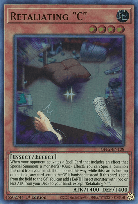 A "Yu-Gi-Oh!" Ultra Rare trading card titled "Retaliating C [GFP2-EN108] Ultra Rare" showcases an effect monster with the EARTH attribute. The close-up of a bug-like creature is set against a background of shattering glass, boasting attack and defense stats of 1400 each. The card text highlights its special summoning effect.
