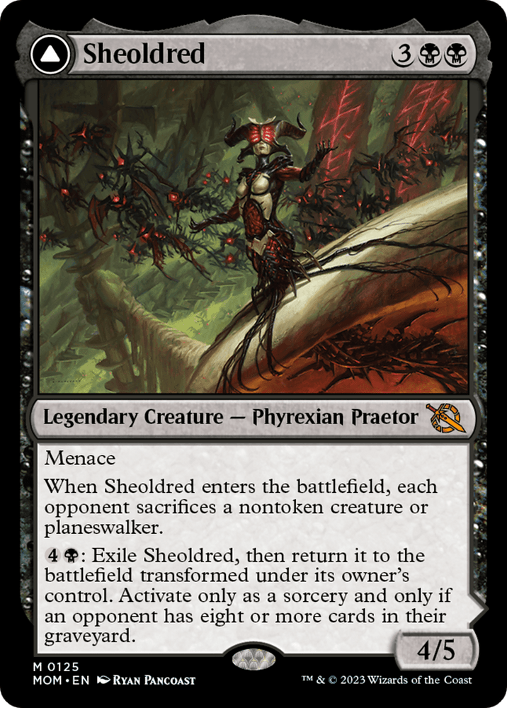 Magic: The Gathering card titled "Sheoldred // The True Scriptures [March of the Machine]" features a legendary creature, a dark Phyrexian Praetor with black and red armor and four mechanical legs standing amidst twisted branches. This mythic rarity card includes menace, abilities related to opponent creature sacrifices, and transformations.