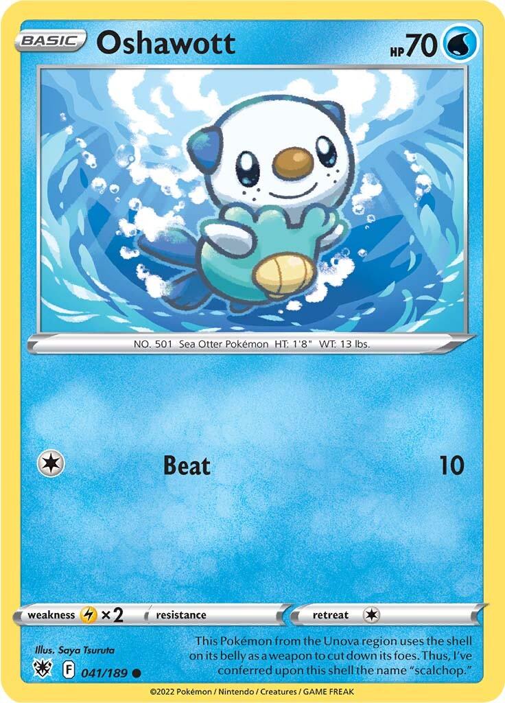 The image features a Pokémon trading card from the Sword & Shield: Astral Radiance series, highlighting Oshawott, a Water Type sea otter. With 70 HP, Oshawott can execute the move 