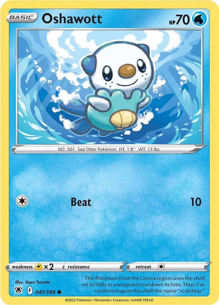 The image features a Pokémon trading card from the Sword & Shield: Astral Radiance series, highlighting Oshawott, a Water Type sea otter. With 70 HP, Oshawott can execute the move "Beat," which inflicts 10 damage. Illustrated by Saya Tsuruta, this card is numbered 041/189 in the collection.