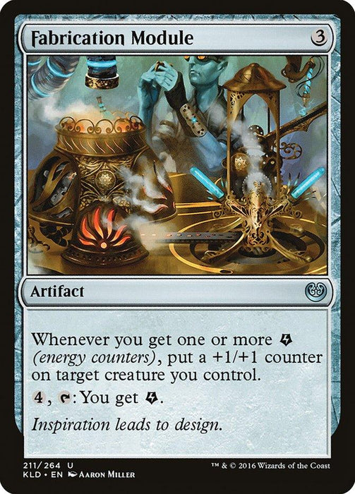 A Magic: The Gathering card titled "Fabrication Module [Kaladesh]." This uncommon artifact card from **Magic: The Gathering** costs three mana and is illustrated by Aaron Miller. The image portrays a blue-skinned figure working at a table full of machinery and glowing items. The card's text describes gaining energy counters and placing +1/+1 counters on creatures.