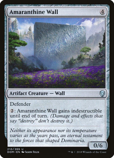 The Magic: The Gathering card "Amaranthine Wall [Dominaria]" showcases a large metallic artifact creature adorned with intricate designs, set against a lush landscape featuring mountains and a purple-flowered field. The card text reads: Defender; {2}: Amaranthine Wall gains indestructible until the end of turn. It is quoted as saying, "Neither its appearance nor its temperature varies as the years pass, an eternal testament to the forces.